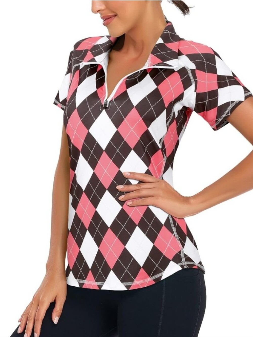 Pink Brown Argyle Short Sleeve Golf Polo Top Zip Sz M